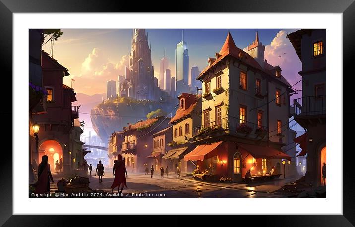 Fantasy cityscape with a bustling street, traditional houses, and futuristic skyscrapers in the background at sunset. Framed Mounted Print by Man And Life