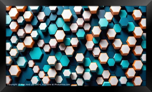Abstract background of hexagonal shapes in shades of blue with a single orange hexagon standing out. Concept of uniqueness and individuality. Framed Print by Man And Life