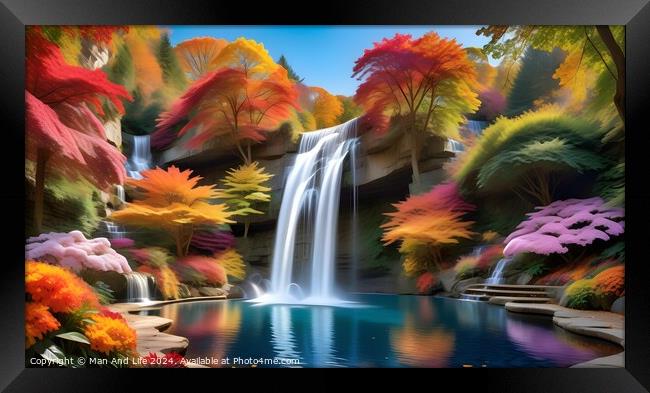 Vibrant autumn landscape with a serene waterfall cascading into a tranquil blue pond, surrounded by colorful foliage and lush greenery. Framed Print by Man And Life