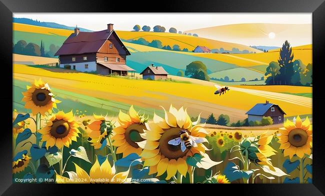 Idyllic countryside landscape with sunflowers, rolling hills, and a farmhouse, in a vibrant, stylized illustration. Framed Print by Man And Life
