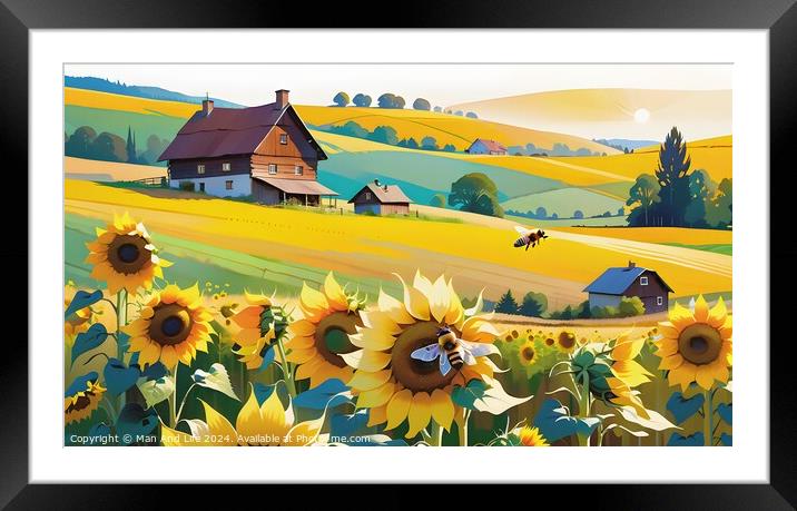 Idyllic countryside landscape with sunflowers, rolling hills, and a farmhouse, in a vibrant, stylized illustration. Framed Mounted Print by Man And Life