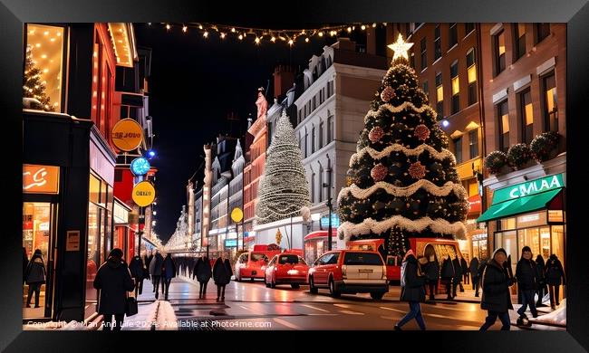 Festive city street with Christmas tree, holiday lights, and pedestrians at night. Framed Print by Man And Life