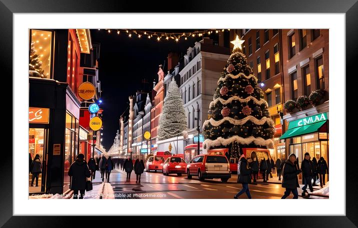 Festive city street with Christmas tree, holiday lights, and pedestrians at night. Framed Mounted Print by Man And Life
