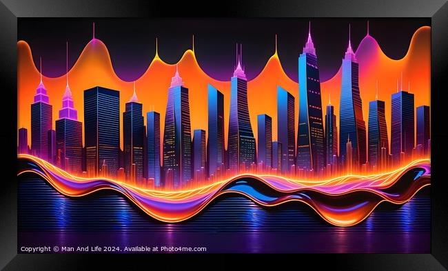 Futuristic city skyline with vibrant neon waves, digital art concept. Framed Print by Man And Life