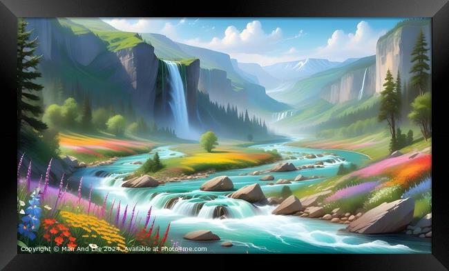 Idyllic landscape with cascading river, waterfalls, and colorful flora under a serene sky. Perfect for fantasy or nature themes. Framed Print by Man And Life