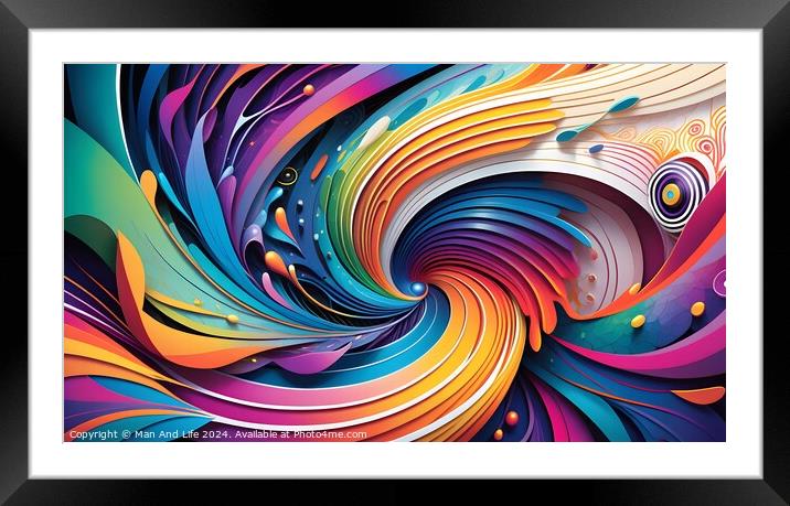 Vibrant abstract swirls with a colorful palette, featuring a dynamic wave pattern and intricate details, ideal for backgrounds or creative designs. Framed Mounted Print by Man And Life