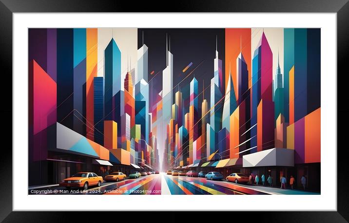 Colorful abstract cityscape with geometric buildings and bustling street life. Framed Mounted Print by Man And Life