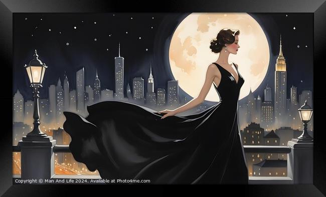 Elegant woman in vintage dress against city skyline and full moon, evoking romantic, retro atmosphere. Framed Print by Man And Life