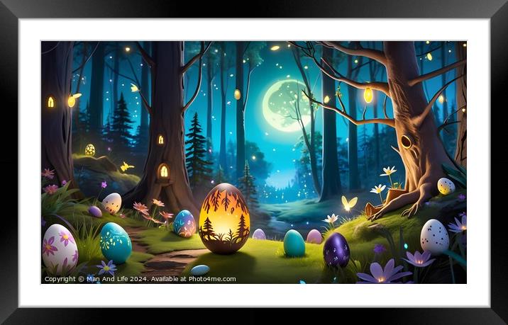 Enchanted forest at night with glowing eggs and magical lights, suitable for fantasy themes. Framed Mounted Print by Man And Life