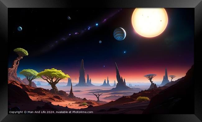 Surreal alien landscape with vibrant colors, featuring exotic trees, towering rock formations, and a sky with multiple moons and a large sun. Framed Print by Man And Life