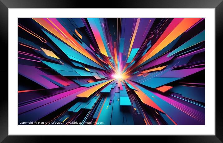 Abstract 3D illustration of a futuristic tunnel with vibrant neon colors and dynamic perspective lines leading towards a bright light at the center, suggesting speed and technology. Framed Mounted Print by Man And Life