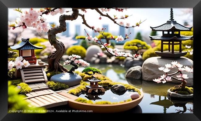 Miniature Japanese garden with cherry blossoms, pagoda, and boat. Framed Print by Man And Life