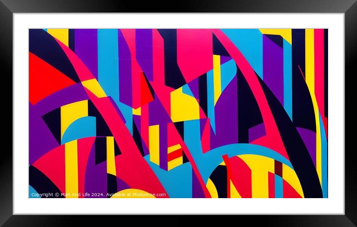 Vibrant abstract geometric mural with a dynamic mix of shapes and colors, suitable for modern art backgrounds or creative designs. Framed Mounted Print by Man And Life