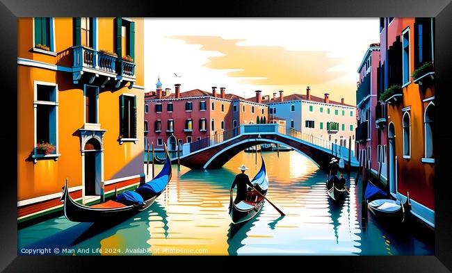 Colorful illustration of Venice canals with gondolas and historic buildings under a sunset sky, reflecting vibrant hues in the water. Ideal for travel and tourism themes. Framed Print by Man And Life