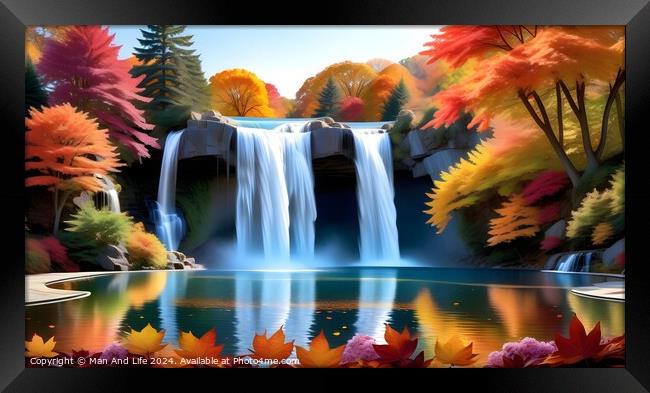 Scenic autumn waterfall with vibrant foliage reflecting in a tranquil blue lake, showcasing the beauty of the changing seasons in a peaceful natural landscape. Framed Print by Man And Life