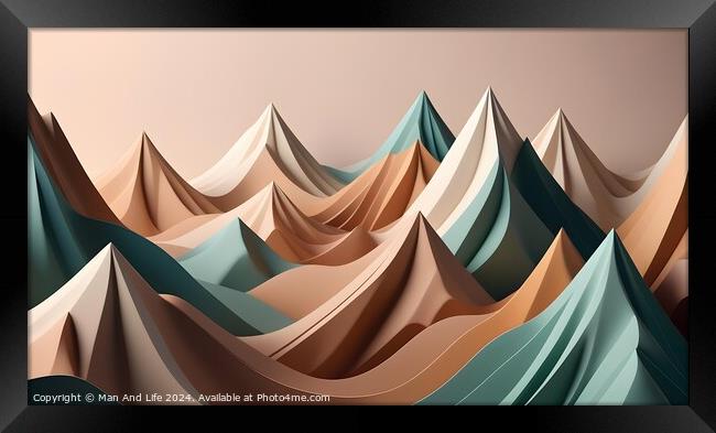 Abstract geometric landscape with stylized mountains in pastel tones. Suitable for backgrounds or wall art. Framed Print by Man And Life