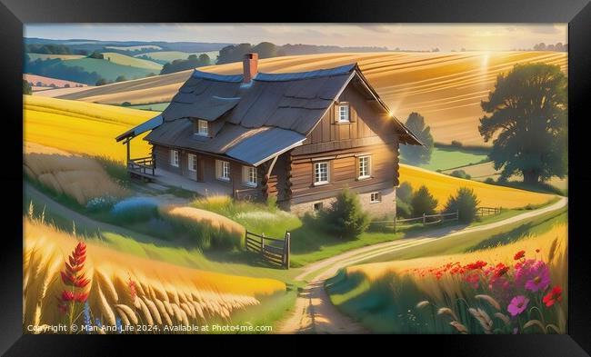 Idyllic countryside house with golden wheat fields, vibrant flowers, and a sunset backdrop. Framed Print by Man And Life