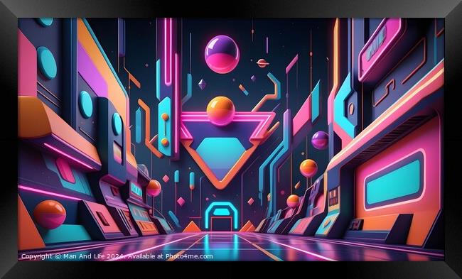 Futuristic neon cityscape with abstract shapes and floating orbs in a vibrant cyberpunk alleyway. Framed Print by Man And Life