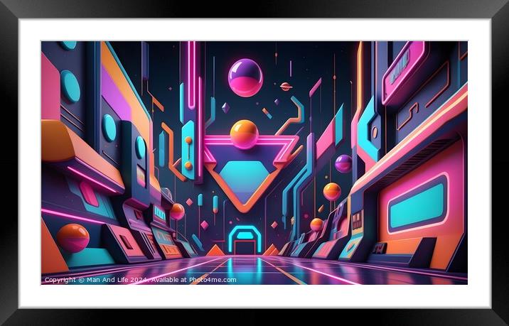 Futuristic neon cityscape with abstract shapes and floating orbs in a vibrant cyberpunk alleyway. Framed Mounted Print by Man And Life