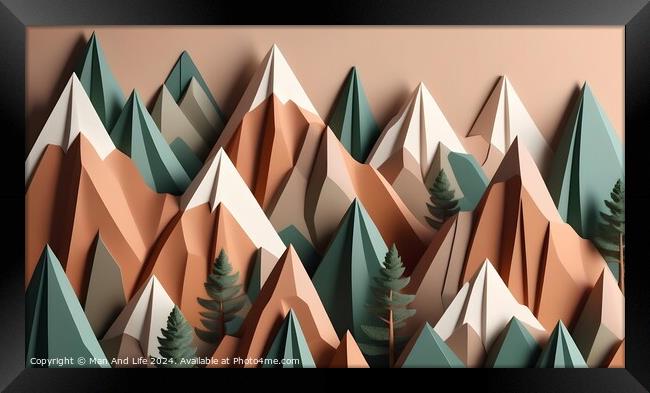 Abstract geometric mountains with trees in a pastel color palette, suitable for modern art and minimalist design backgrounds. Framed Print by Man And Life