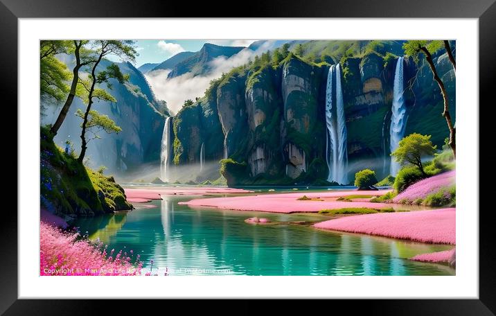 Scenic view of majestic waterfalls with pink flower fields by a tranquil river and lush green cliffs. Framed Mounted Print by Man And Life