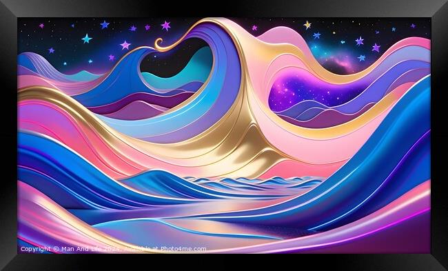 Abstract colorful waves with heart shapes in a cosmic setting with stars. Framed Print by Man And Life