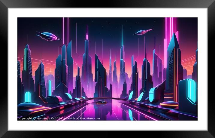 Futuristic cityscape with neon lights and flying vehicles against a dusk sky. Framed Mounted Print by Man And Life