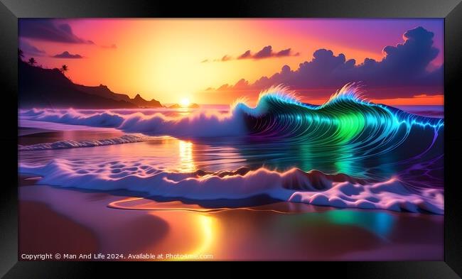Vibrant digital wave with neon colors on a serene beach at sunset. Framed Print by Man And Life