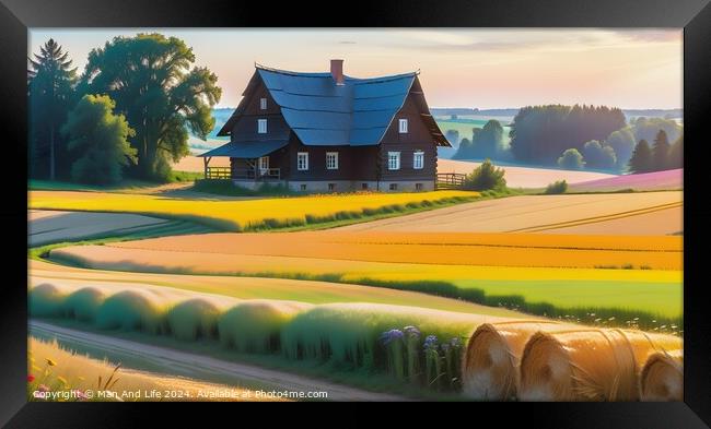 Idyllic rural landscape with a traditional house, golden fields, and hay bales during sunset. Framed Print by Man And Life