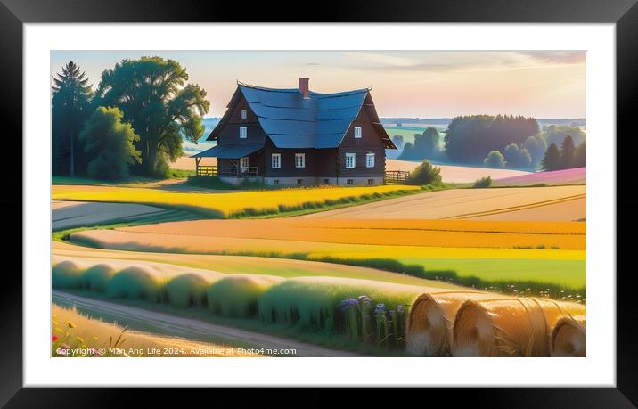 Idyllic rural landscape with a traditional house, golden fields, and hay bales during sunset. Framed Mounted Print by Man And Life