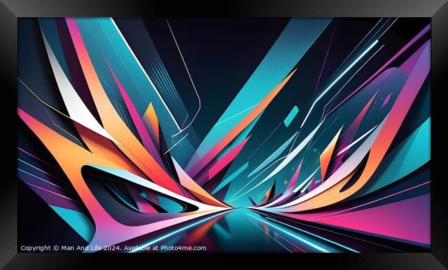 Abstract digital art with dynamic lines and geometric shapes in vibrant colors on a dark background, conveying a sense of futuristic speed and technology. Framed Print by Man And Life