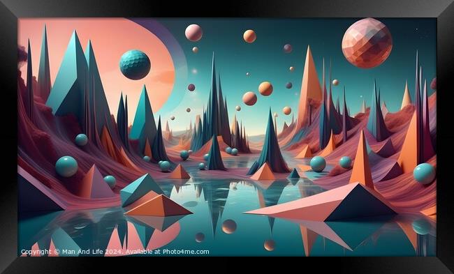 Surreal alien landscape with colorful geometric mountains, floating orbs, and a reflective water surface under a pastel sky. Framed Print by Man And Life