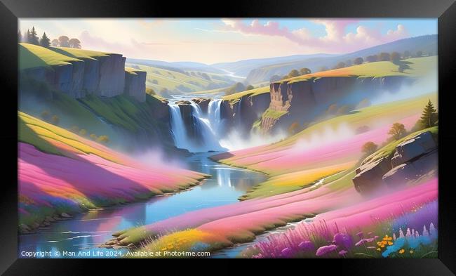 Idyllic landscape with waterfalls, river, and colorful fields under a soft, sunny sky. Framed Print by Man And Life