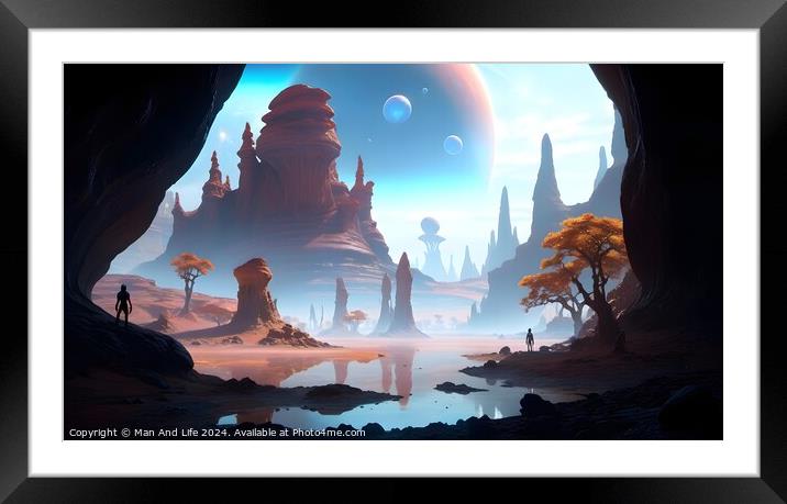 Surreal alien landscape with towering rock formations, a reflective water body, trees, and a human silhouette, under a sky with large planets and floating bubbles. Framed Mounted Print by Man And Life