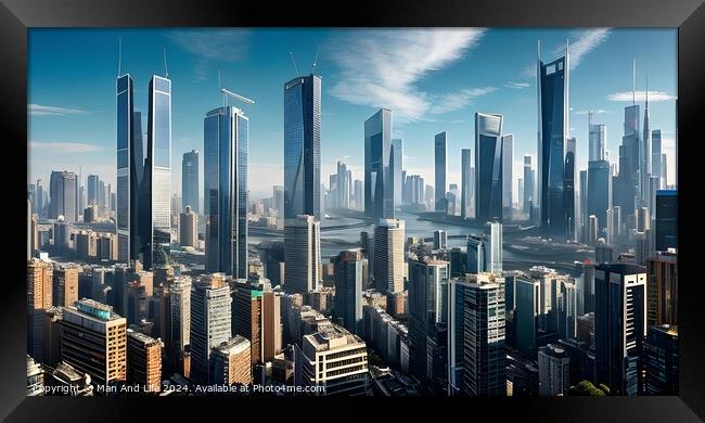Futuristic city skyline with skyscrapers and hazy atmosphere under blue sky. Framed Print by Man And Life