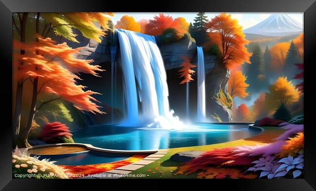 Vibrant digital art of a serene waterfall with autumn-colored trees and a tranquil blue pond, set against a backdrop of a distant mountain and clear sky. Framed Print by Man And Life