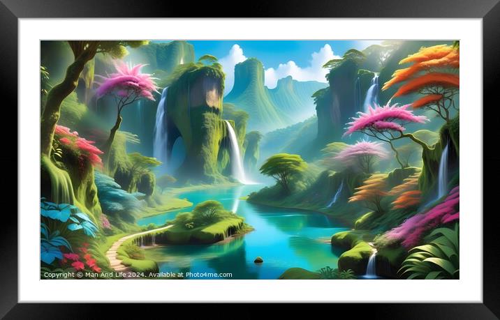 Enchanted forest landscape with vibrant foliage, cascading waterfall, and serene river. Framed Mounted Print by Man And Life
