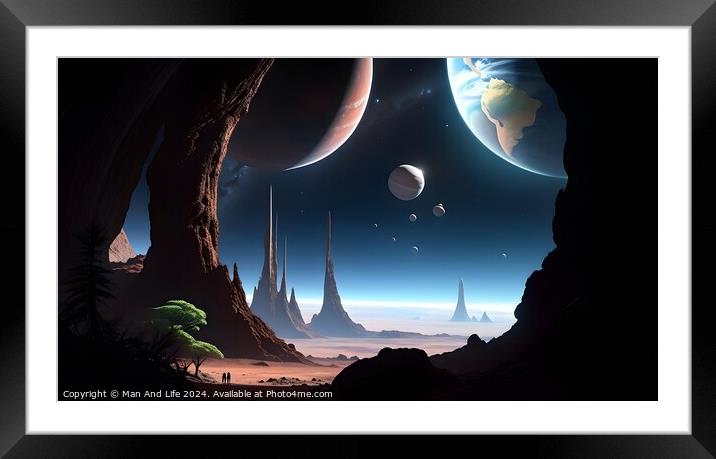 Surreal alien landscape with multiple moons and planets visible in the sky, towering spires, and exotic vegetation under a starlit sky, evoking a sense of exploration and science fiction. Framed Mounted Print by Man And Life
