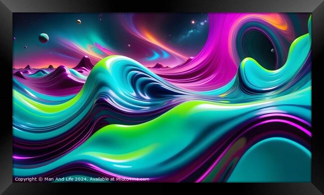 Vibrant abstract wave background with a fluid, dynamic mix of neon colors and 3D rendering, suitable for modern design themes. Framed Print by Man And Life