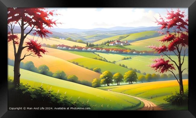 Idyllic landscape painting with vibrant rolling hills, a winding path, and red trees under a sunny sky, perfect for backgrounds or tranquil scenes. Framed Print by Man And Life