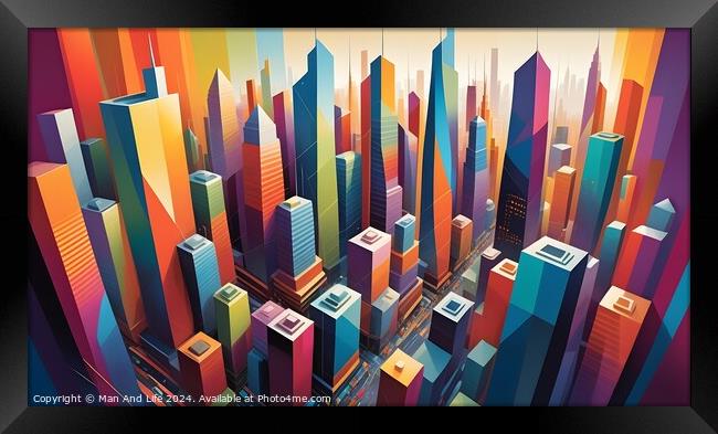 Colorful abstract cityscape illustration with geometric skyscrapers and vibrant hues, suitable for modern urban design concepts. Framed Print by Man And Life