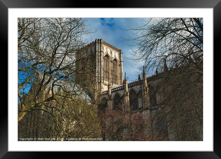 Majestic medieval cathedral with Gothic architecture, towering amidst leafless trees under a blue sky with fluffy clouds, ideal for historical or travel themes in York, North Yorkshire, England. Framed Mounted Print by Man And Life