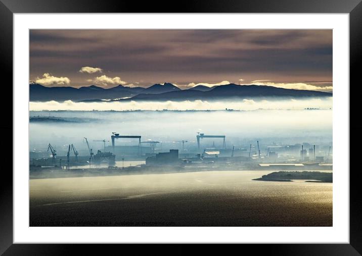 Buy Framed Mounted Prints of Belfast Harbour Cranes and Mourne Mountains by ANDY MORROW