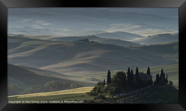 Misty start at Belvedere, Val D'Orcia, Tuscany, Italy Framed Print by Paul Edney