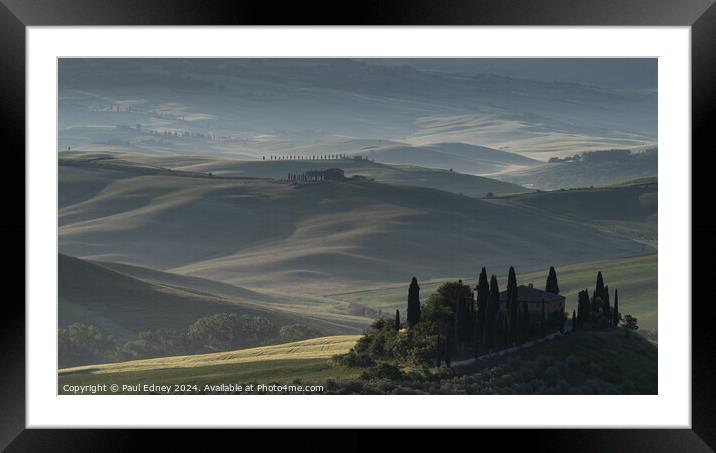 Misty start at Belvedere, Val D'Orcia, Tuscany, Italy Framed Mounted Print by Paul Edney