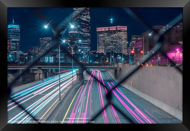 Boston Night Cityscape with Light Trails Framed Print by Tom Windeknecht