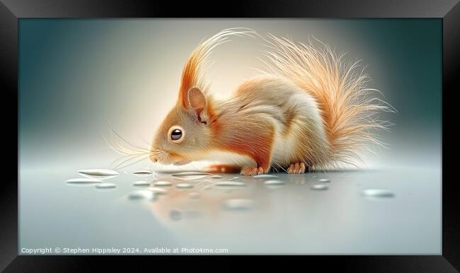 A thirsty baby Red Squirrel taking a sip. Framed Print by Stephen Hippisley