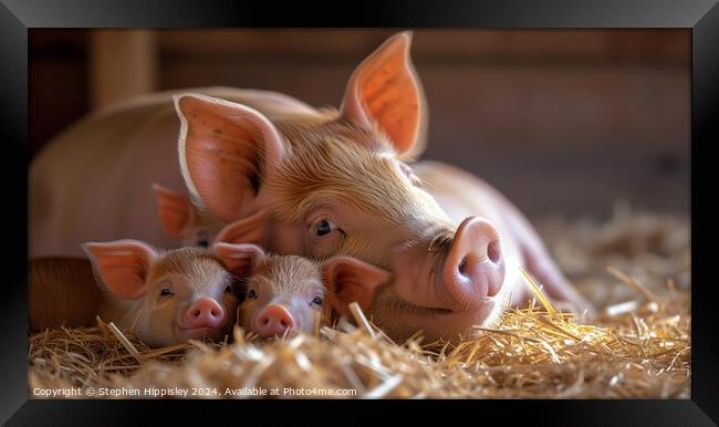 Young piglets resting with mother. Framed Print by Stephen Hippisley