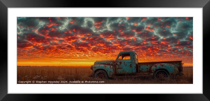 A panoramic image of a vintage pick-up truck during sunset. Framed Mounted Print by Stephen Hippisley