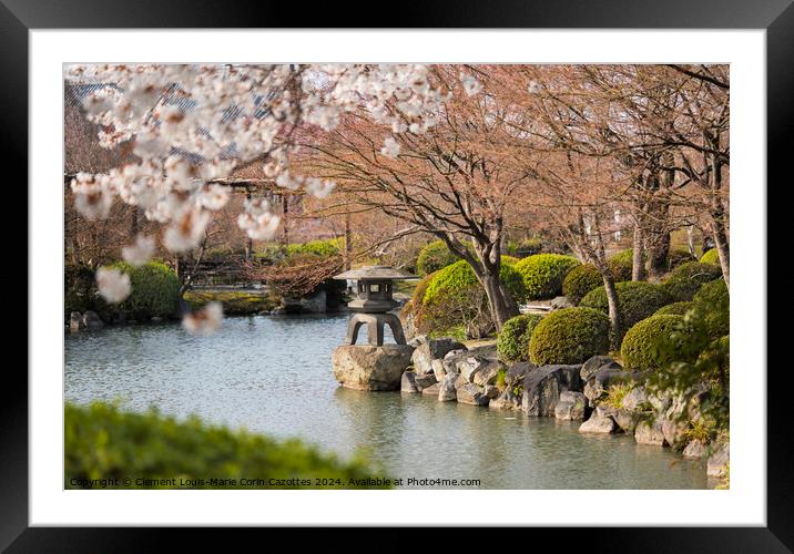 Japanese stone lantern with cherry blossoms along  Framed Mounted Print by Clement Louis-Marie Corin Cazottes